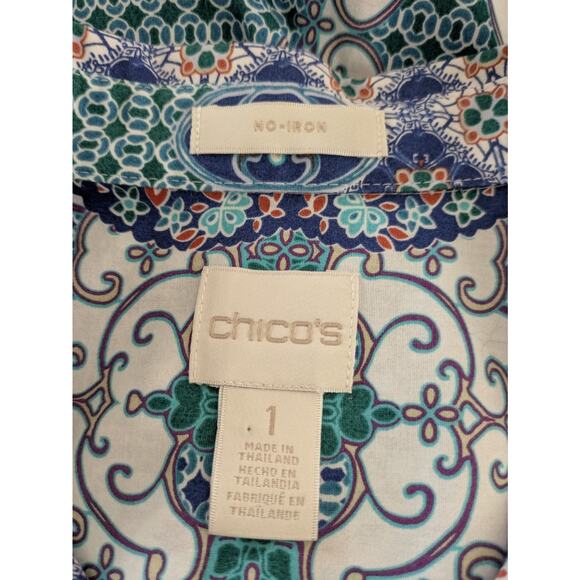Chico's No Iron Button Front tunic top blue mixed print - Picture 4 of 7